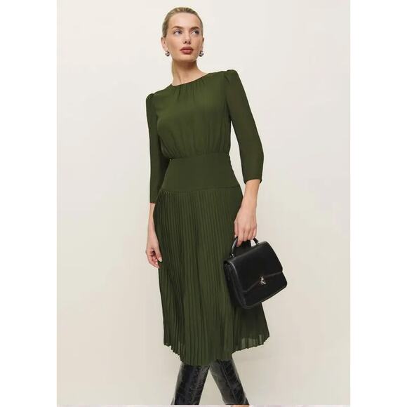 Reformation Dresses & Skirts - Reformation Womens Sabra Pleated Midi Dress Sz 6 Fern Green Teachercore Academia
